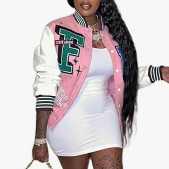 XL Pink White Varsity Baseball Bomber Women’s Jacket - Picture 2 of 2